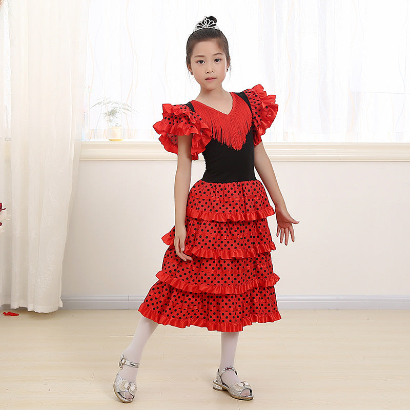 Traditional Spanish Flamenco Dance Dress For Girls Classic Flamengo Gypsy Style Skirt Bullfight Festival Mexican Girl Red