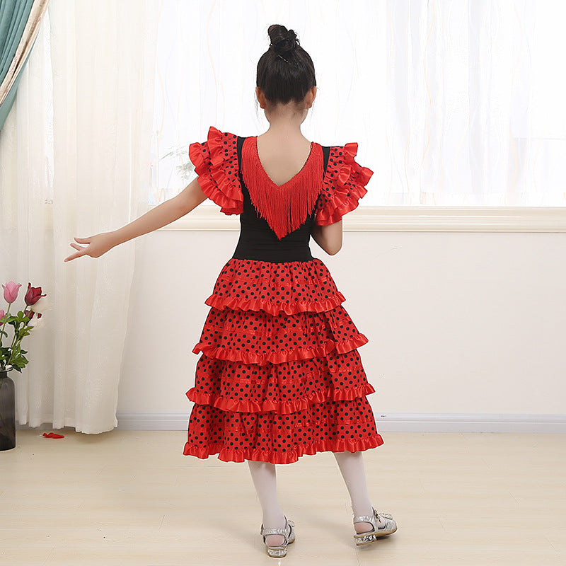 Traditional Spanish Flamenco Dance Dress For Girls Classic Flamengo Gypsy Style Skirt Bullfight Festival Mexican Girl Red