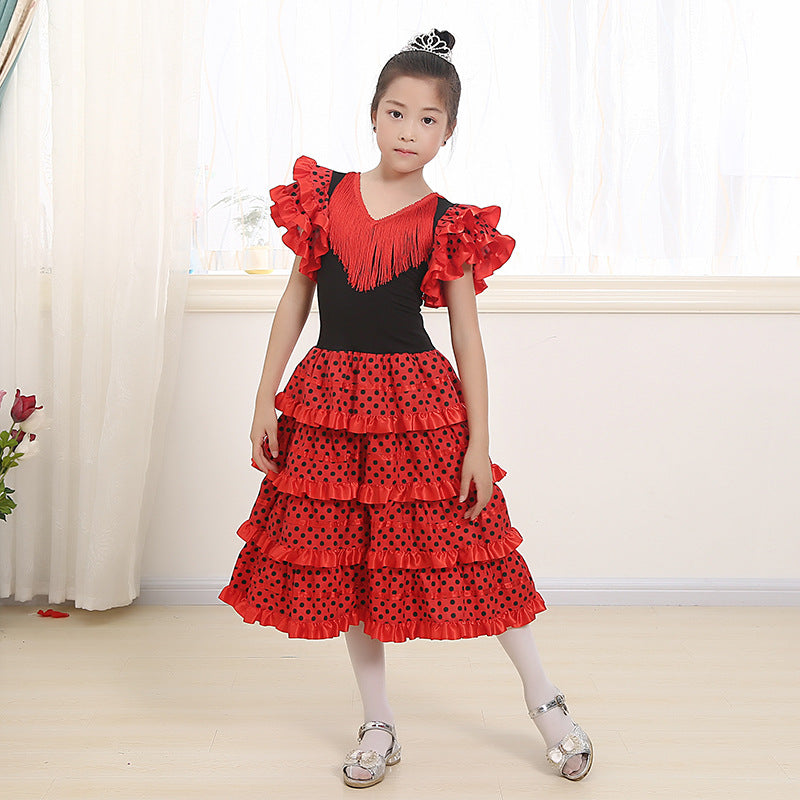 Traditional Spanish Flamenco Dance Dress For Girls Classic Flamengo Gypsy Style Skirt Bullfight Festival Mexican Girl Red