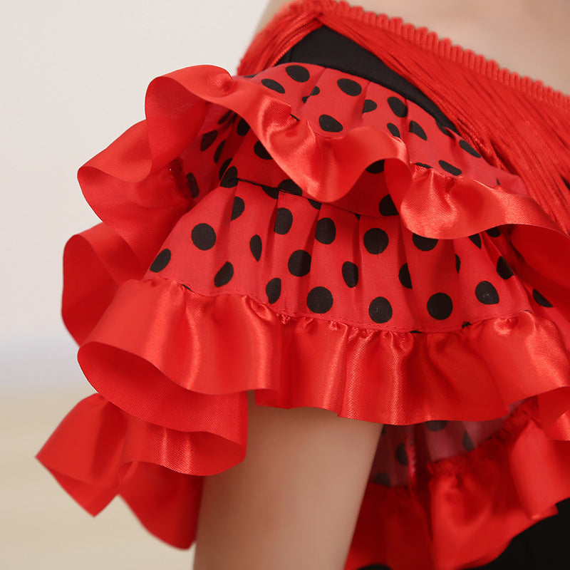 Traditional Spanish Flamenco Dance Dress For Girls Classic Flamengo Gypsy Style Skirt Bullfight Festival Mexican Girl Red