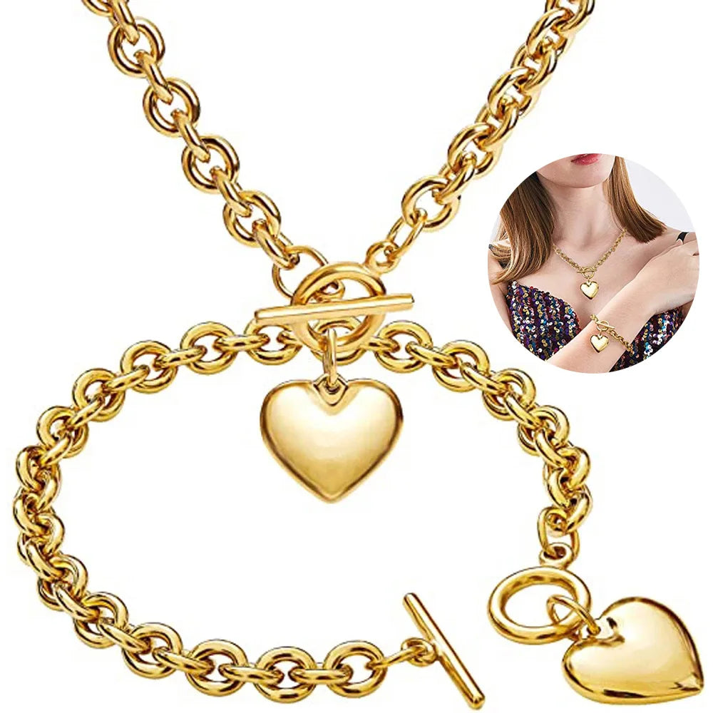 Love Heart Necklace and Bracelet Jewelry Sets for Women Gift Stainless Steel Engagement Wedding Party Chain Set Jewelry Fashion