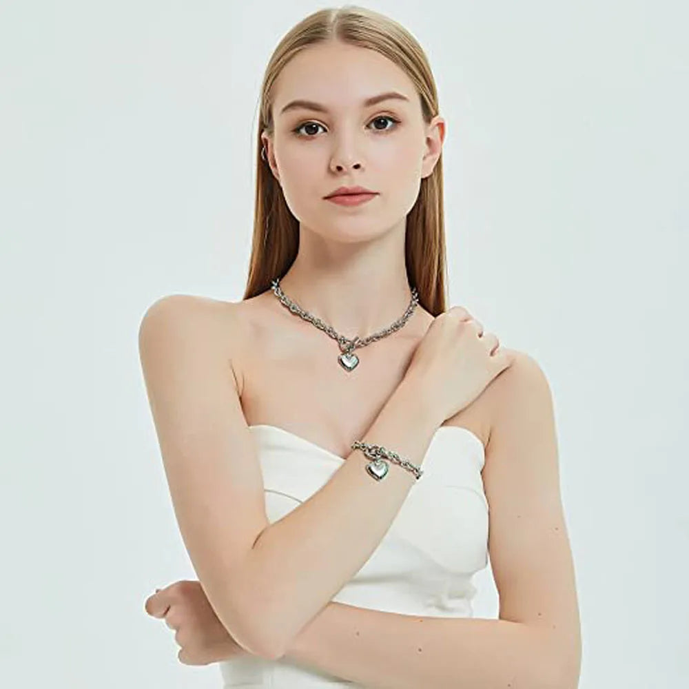 Love Heart Necklace and Bracelet Jewelry Sets for Women Gift Stainless Steel Engagement Wedding Party Chain Set Jewelry Fashion