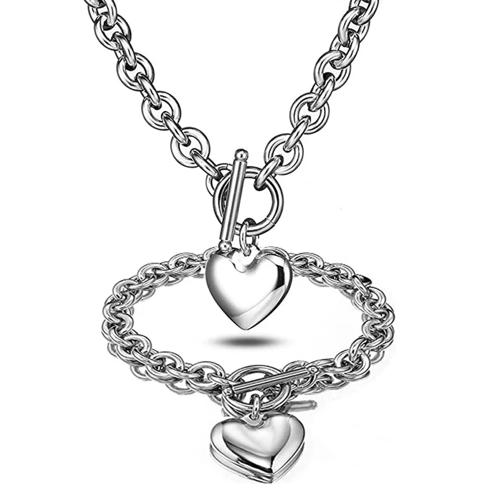 Love Heart Necklace and Bracelet Jewelry Sets for Women Gift Stainless Steel Engagement Wedding Party Chain Set Jewelry Fashion