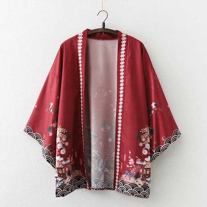 2023 New Summer Loose Red Black Japanese Samurai Streetwear Cardigan Women Men Harajuku Haori Kimono Cosplay Blouse Top Yukata