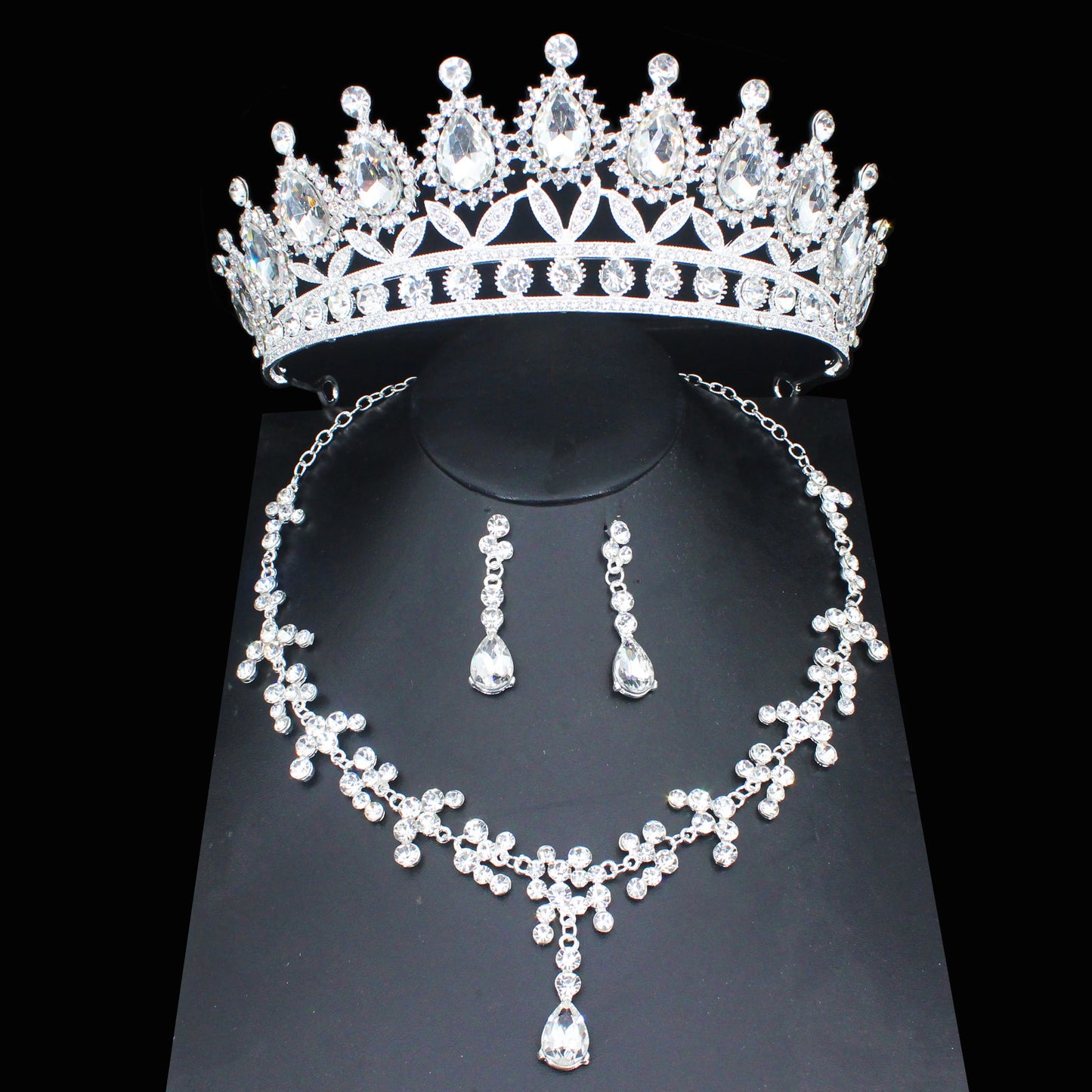 Pink Crystal Bridal Jewelry Sets For Women Girl Princess Tiara/Crown Earring Necklace Wedding Pageant Prom Jewelry Accessories