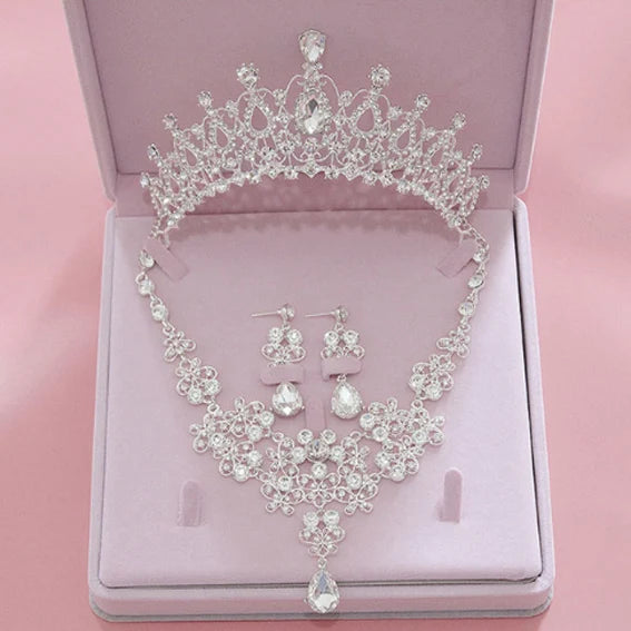 Pink Crystal Bridal Jewelry Sets For Women Girl Princess Tiara/Crown Earring Necklace Wedding Pageant Prom Jewelry Accessories