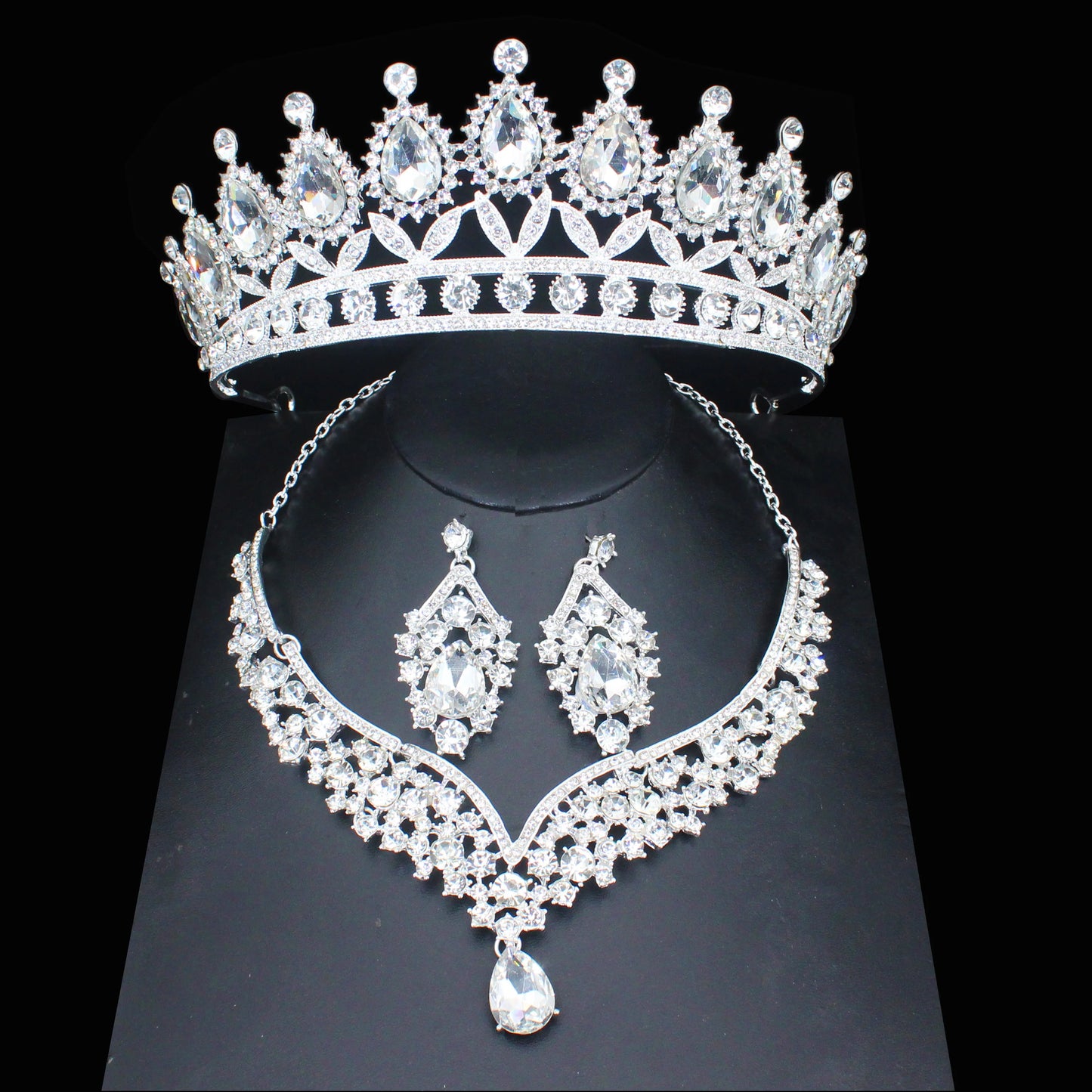 Pink Crystal Bridal Jewelry Sets For Women Girl Princess Tiara/Crown Earring Necklace Wedding Pageant Prom Jewelry Accessories