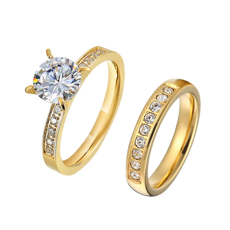 24k Gold Filled 316L Stainless Steel Jewelry Cz Diamond Wedding Rings Sets for Women Girls Ladies Engagement Statement Gifts