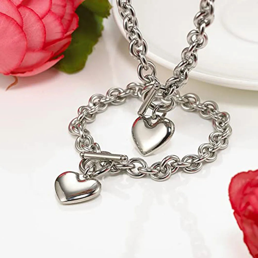 Love Heart Necklace and Bracelet Jewelry Sets for Women Gift Stainless Steel Engagement Wedding Party Chain Set Jewelry Fashion