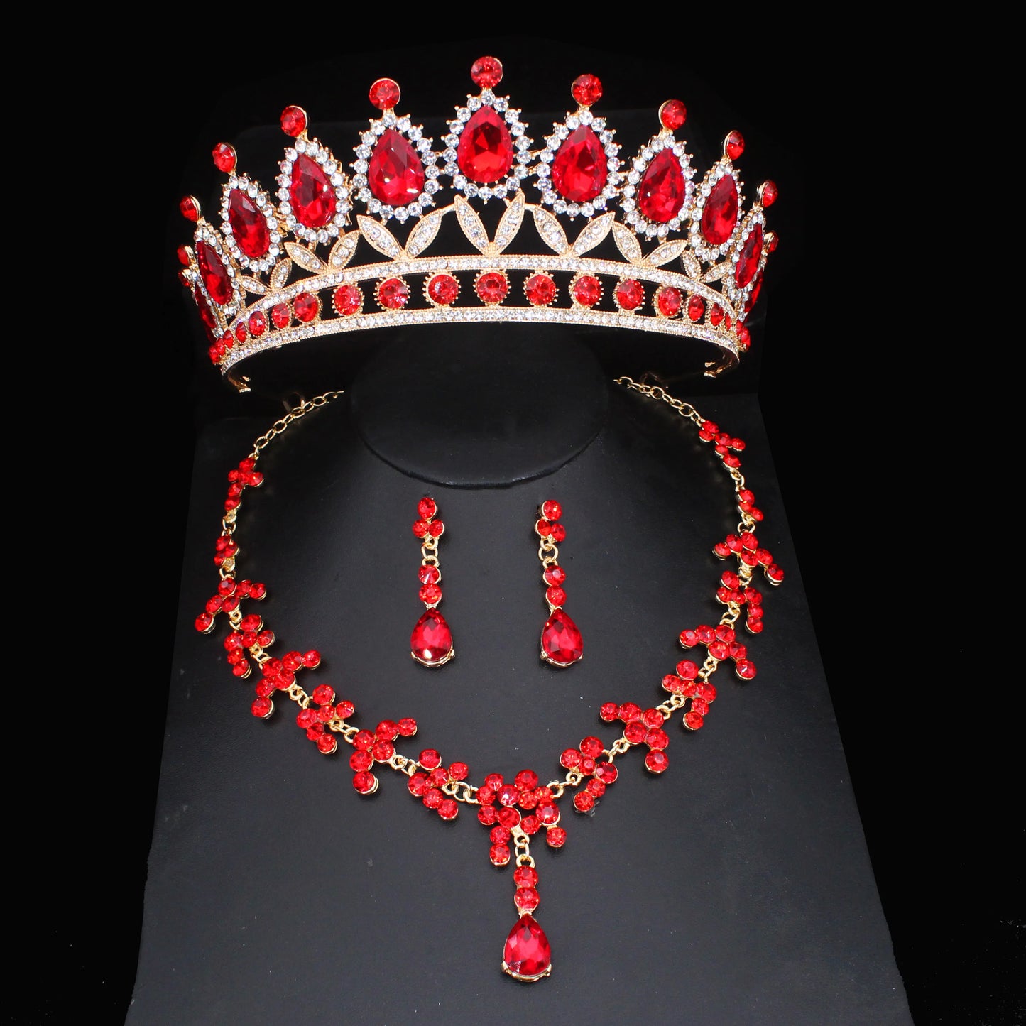 Pink Crystal Bridal Jewelry Sets For Women Girl Princess Tiara/Crown Earring Necklace Wedding Pageant Prom Jewelry Accessories