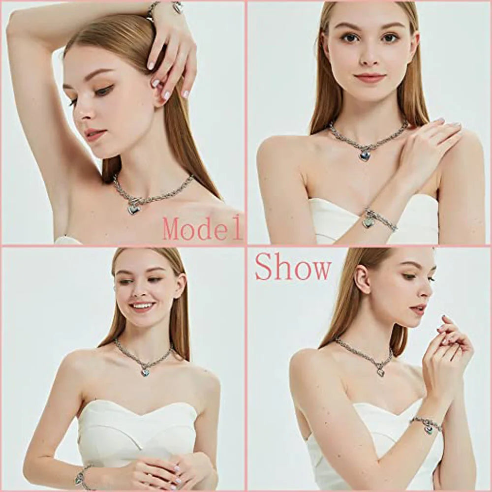 Love Heart Necklace and Bracelet Jewelry Sets for Women Gift Stainless Steel Engagement Wedding Party Chain Set Jewelry Fashion