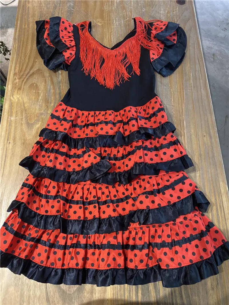 Traditional Spanish Flamenco Dance Dress For Girls Classic Flamengo Gypsy Style Skirt Bullfight Festival Mexican Girl Red