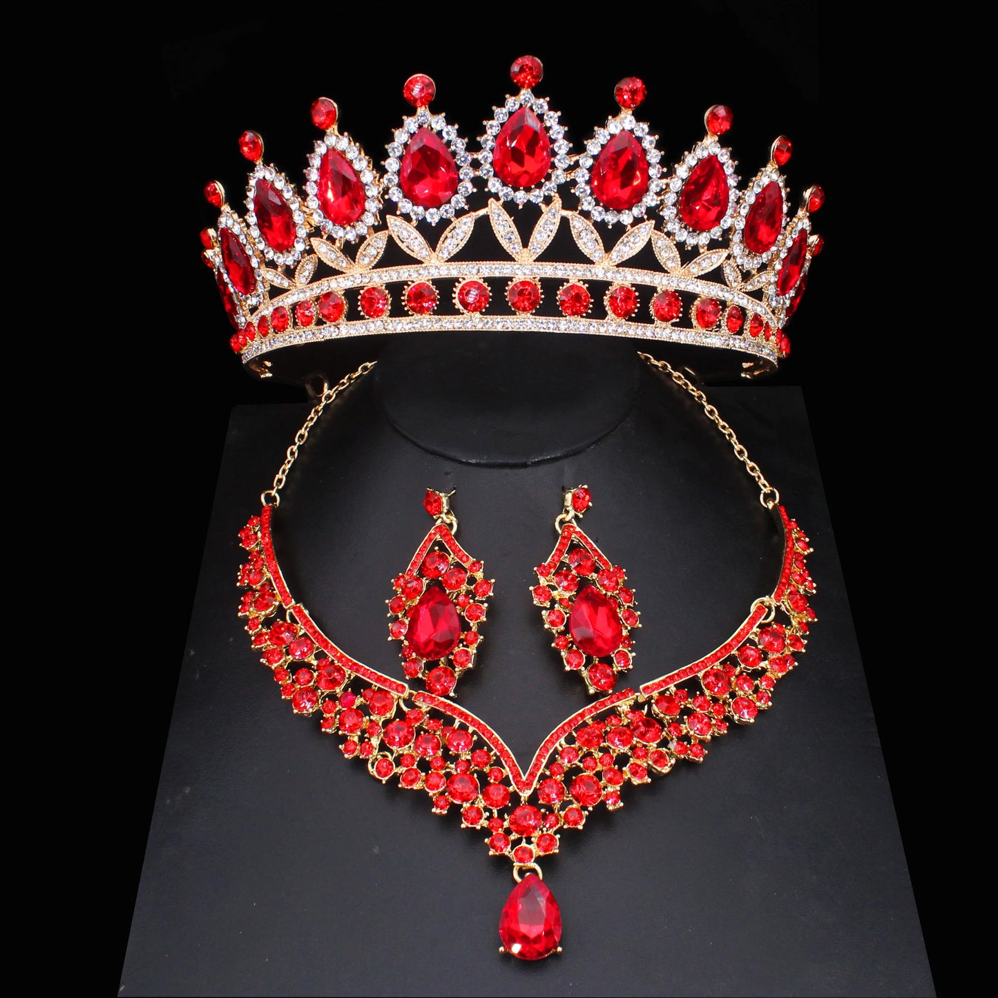 Pink Crystal Bridal Jewelry Sets For Women Girl Princess Tiara/Crown Earring Necklace Wedding Pageant Prom Jewelry Accessories