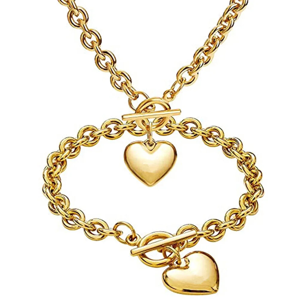 Love Heart Necklace and Bracelet Jewelry Sets for Women Gift Stainless Steel Engagement Wedding Party Chain Set Jewelry Fashion