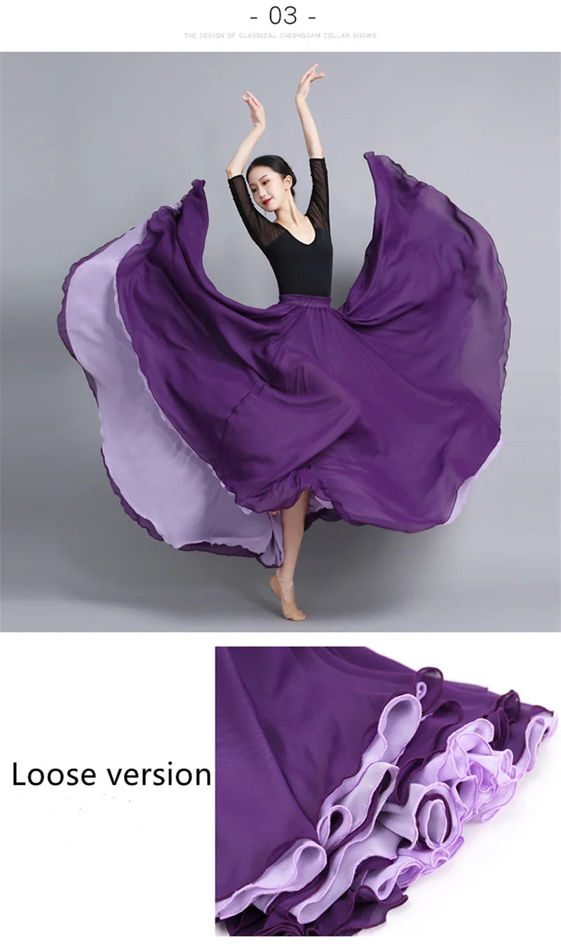 Flamenco Chiffon Dance Skirt for Women 720 Degrees Solid Color Long Skirts Dancer Practice Wear Chinese Style Skirt with Big Hem