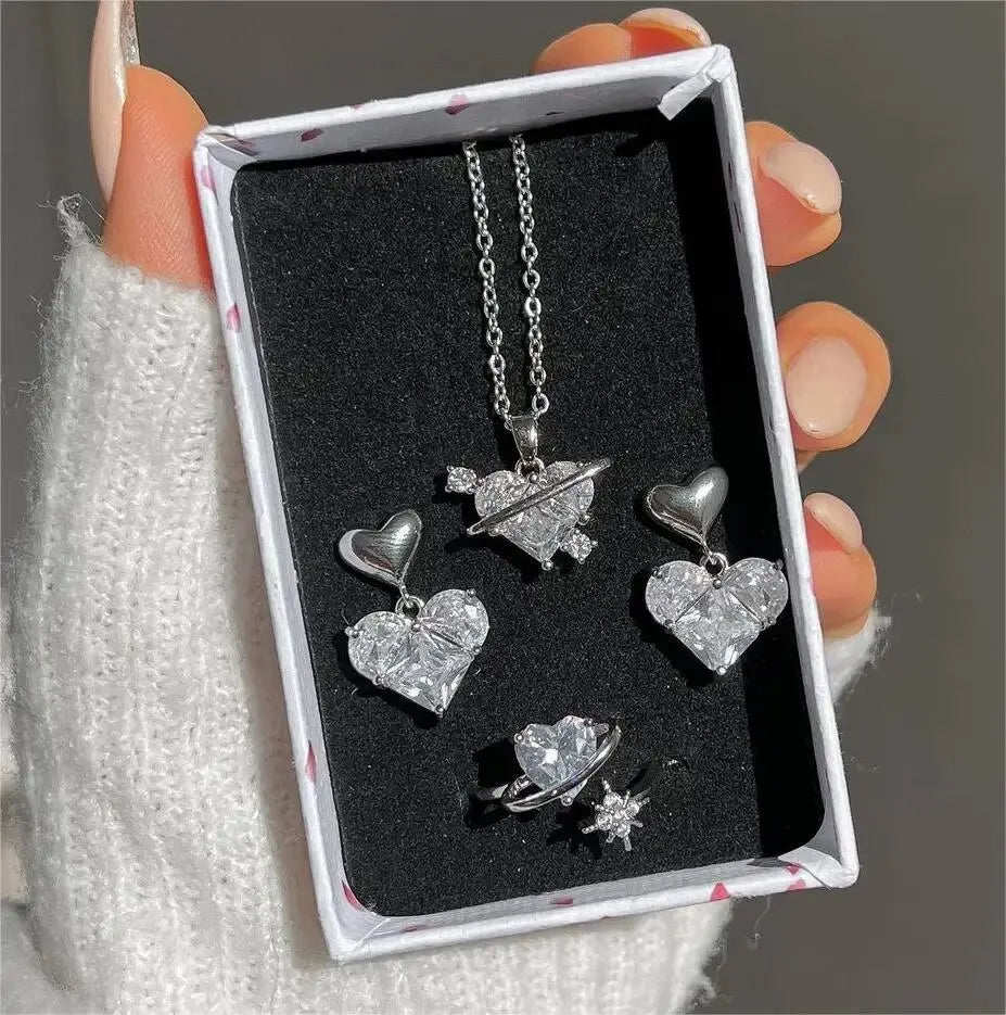 4 Pieces Love Pink Diamond Sweet Earrings Necklaces And Rings Jewelry Set Lightweight And Versatile For Women Mother's Day Gifts