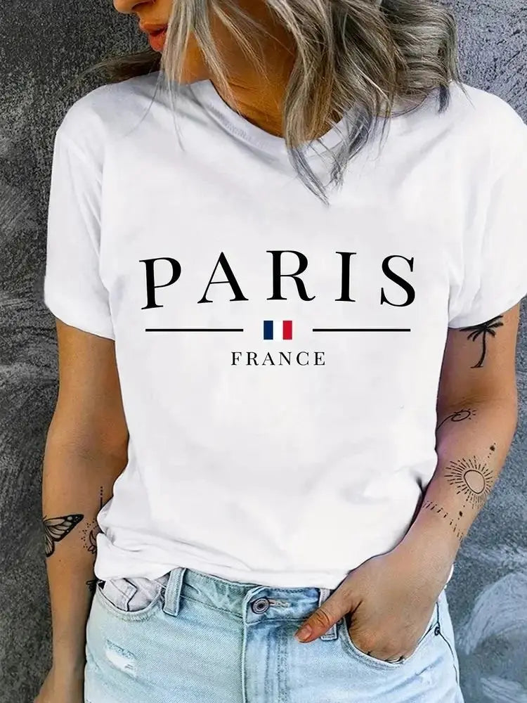 Plus Size PARIS Print T-shirt Short Sleeve Crew Neck Casual Top For Summer & Spring Women's Clothing