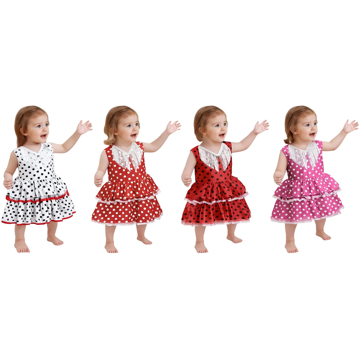 Baby Girls Cute Flamenco Dance Costume V-neck Sleeveless Tassel Polka Dot Mesh Layered Cake Dress for Dance Party Performance