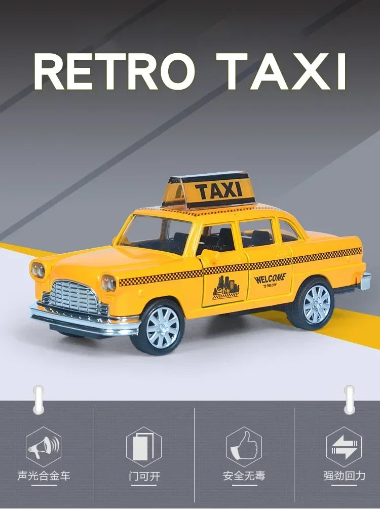 1/32 Retro Taxi Model Alloy Car Toy Miniature Car Collection Diecast Sound Light Kids Toys Children's Day Gift