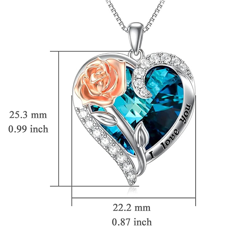 Fashion "I Love You" Rose Flower Pendant Necklace Ladies Heart Crystal Jewelry Anniversary Birthday Gift Mom Wife Girlfriend