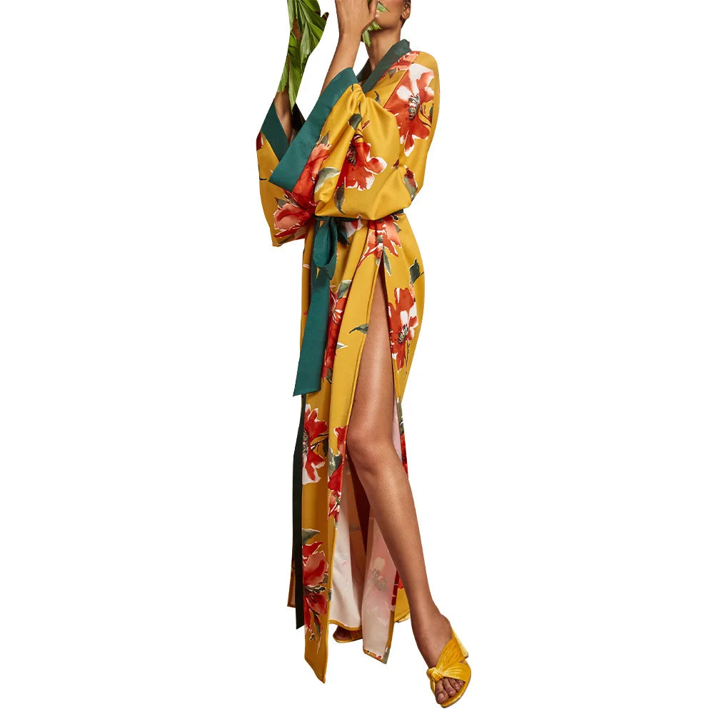 New Style Japanese Traditional Kimono Gown With Obi Popular Print Flower Pajamas Women Silk Large Size Bathrobe Yukata Dress