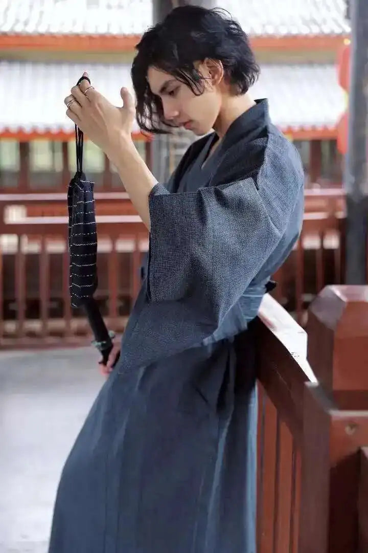 Traditional Japanese KIMONO Fashion YUKATA Summer Men Long Robes With Belt 95% Cotton Pajamas Set Male Sleepwear Bathrobe