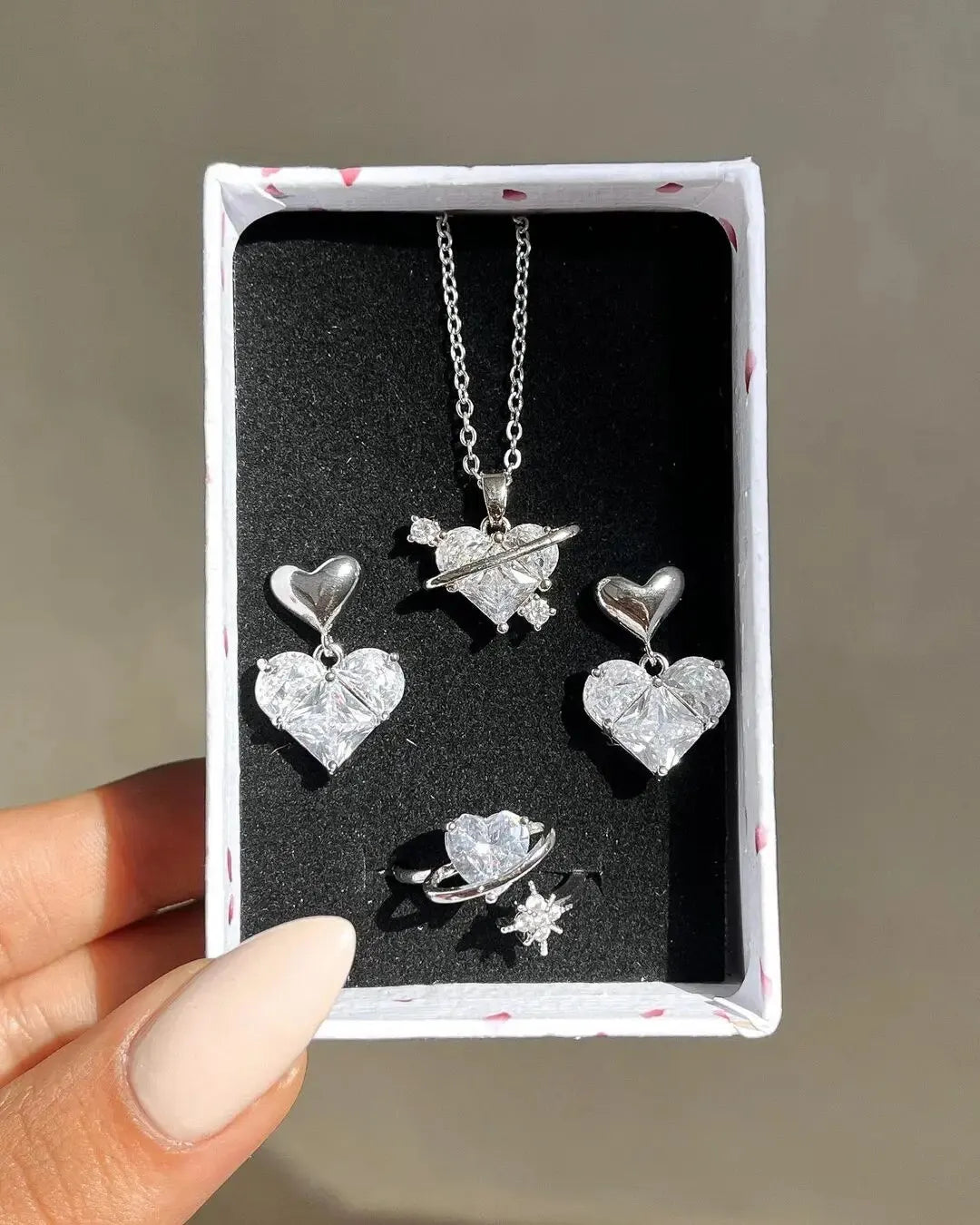 4 Pieces Love Pink Diamond Sweet Earrings Necklaces And Rings Jewelry Set Lightweight And Versatile For Women Mother's Day Gifts