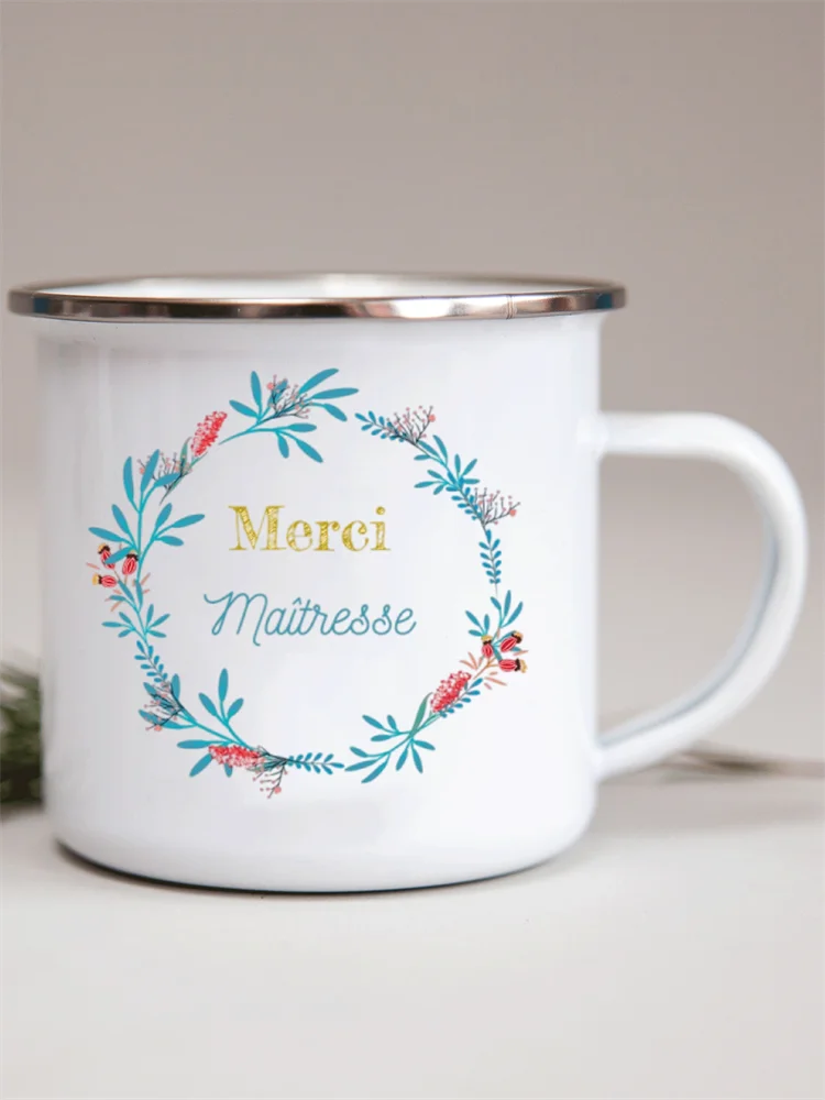 French Flower Printed Enamel Mugs Creative Coffee Mug Milk Wine Beer Drink Juice Cup School Home Handle Drinkware Teacher Gifts