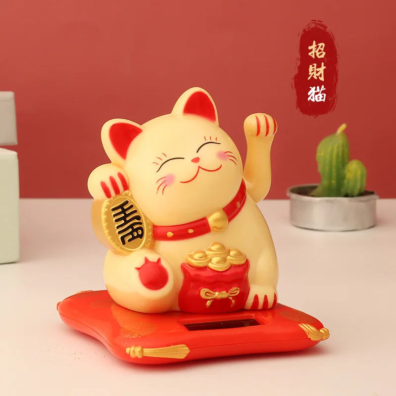 1pc Solar Powered Maneki Neko Lucky Cat Welcoming Chinese Lucky Cat Waving Hand Beckoning Fortune Cat Figurines For Home Decor