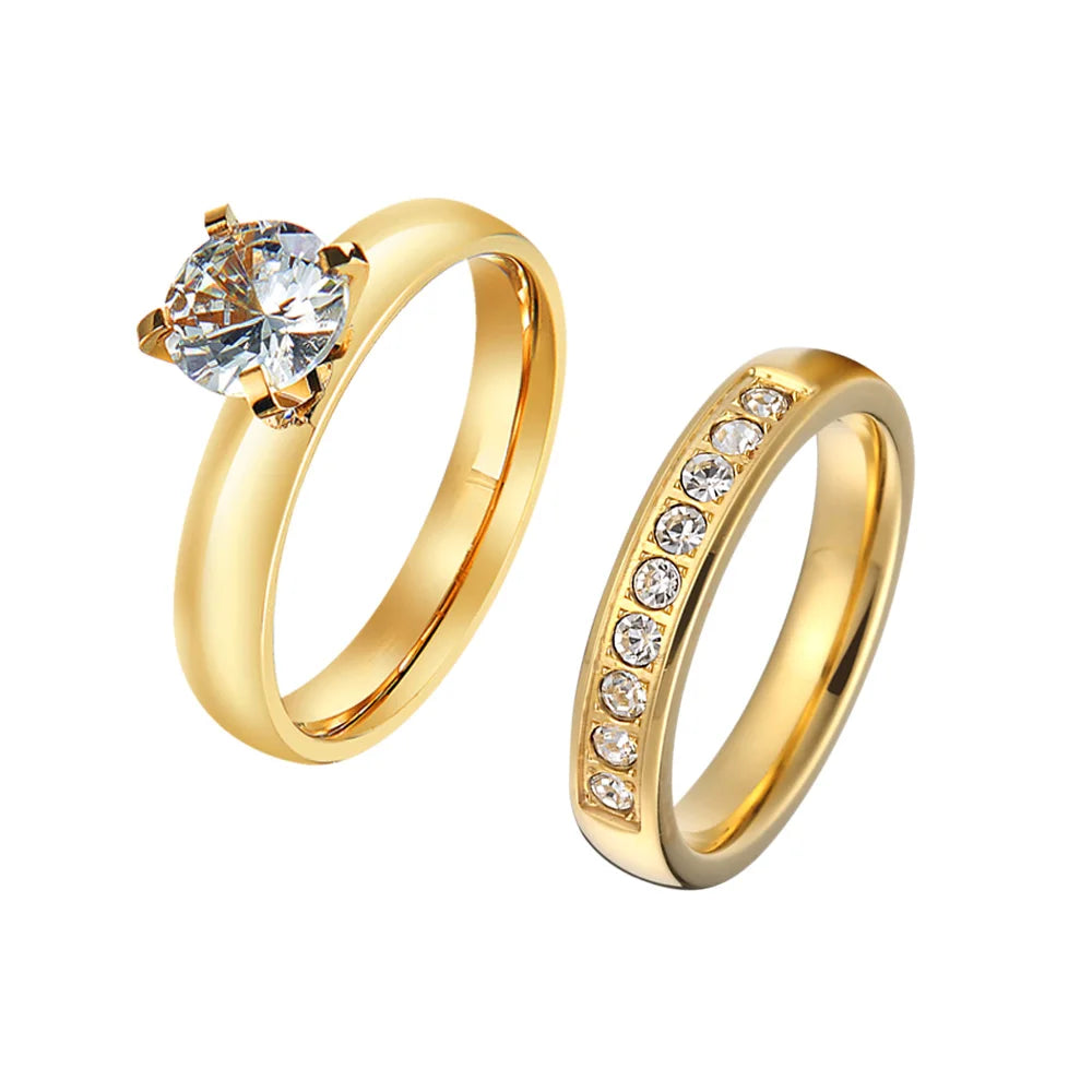 24k Gold Filled 316L Stainless Steel Jewelry Cz Diamond Wedding Rings Sets for Women Girls Ladies Engagement Statement Gifts