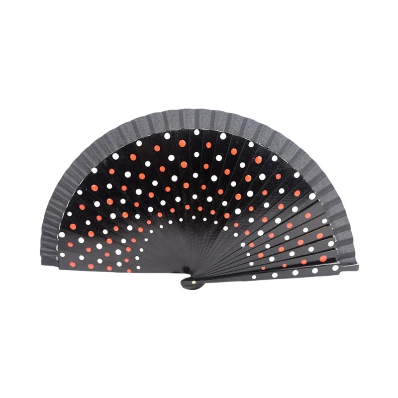 Flamenco Spanish Wood Folding Fan Dots Pattern Modern Classical Vintage Wood Hand Fan for Dance Perfornamnces Party