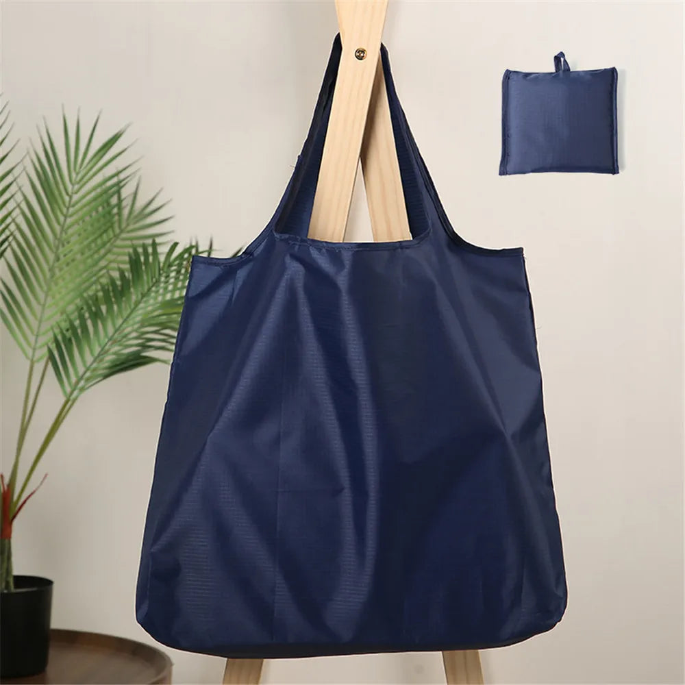Eco-Friendly Folding Shopping Bag Waterproof Reusable Shoulder Handbag for Travel Grocery Fashion Pocket Tote Solid Color Bag