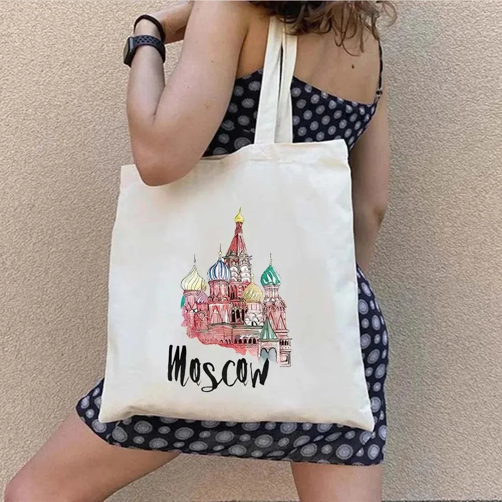 Paris Travel City Print Women Shoulder Bags Harajuku Canvas Shopping Bag Large Capacity Tote Handbag Reusable Eco Girl Handbags