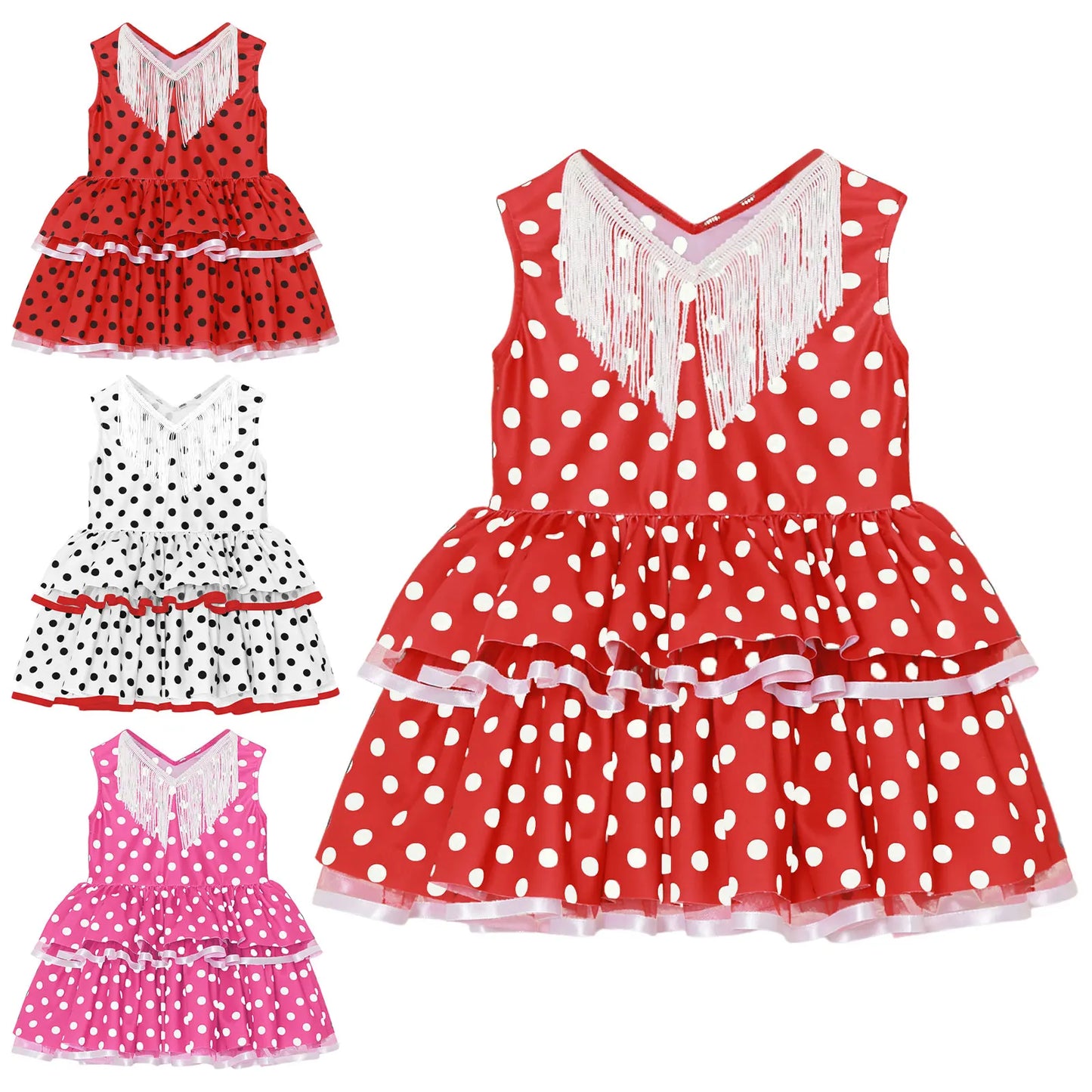 Baby Girls Cute Flamenco Dance Costume V-neck Sleeveless Tassel Polka Dot Mesh Layered Cake Dress for Dance Party Performance