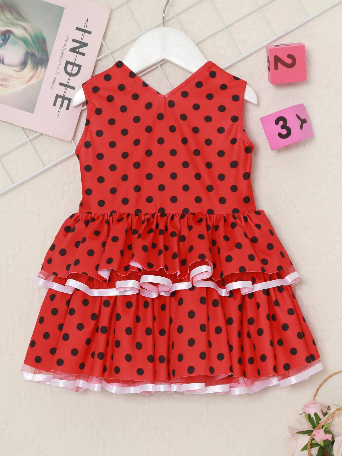 Baby Girls Cute Flamenco Dance Costume V-neck Sleeveless Tassel Polka Dot Mesh Layered Cake Dress for Dance Party Performance