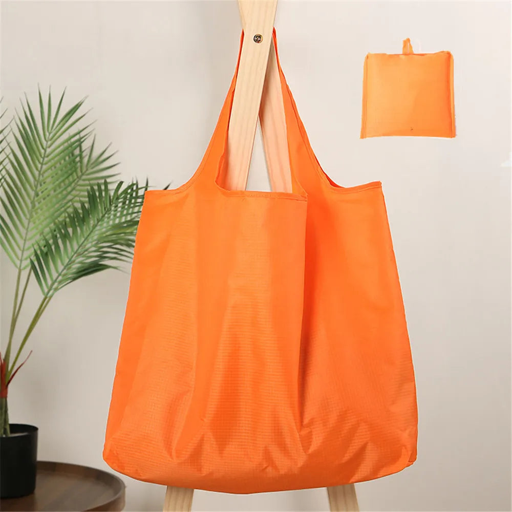 Eco-Friendly Folding Shopping Bag Waterproof Reusable Shoulder Handbag for Travel Grocery Fashion Pocket Tote Solid Color Bag