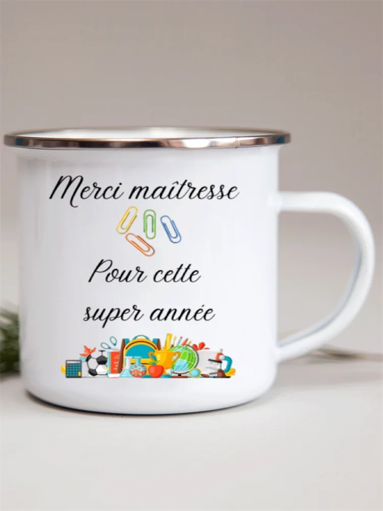 French Flower Printed Enamel Mugs Creative Coffee Mug Milk Wine Beer Drink Juice Cup School Home Handle Drinkware Teacher Gifts