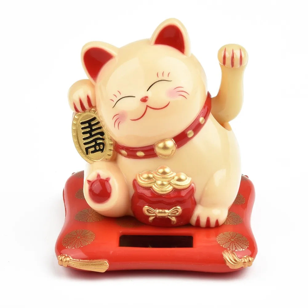 1pc Solar Powered Maneki Neko Lucky Cat Welcoming Chinese Lucky Cat Waving Hand Beckoning Fortune Cat Figurines For Home Decor