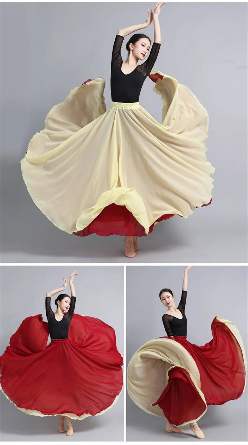 Flamenco Chiffon Dance Skirt for Women 720 Degrees Solid Color Long Skirts Dancer Practice Wear Chinese Style Skirt with Big Hem