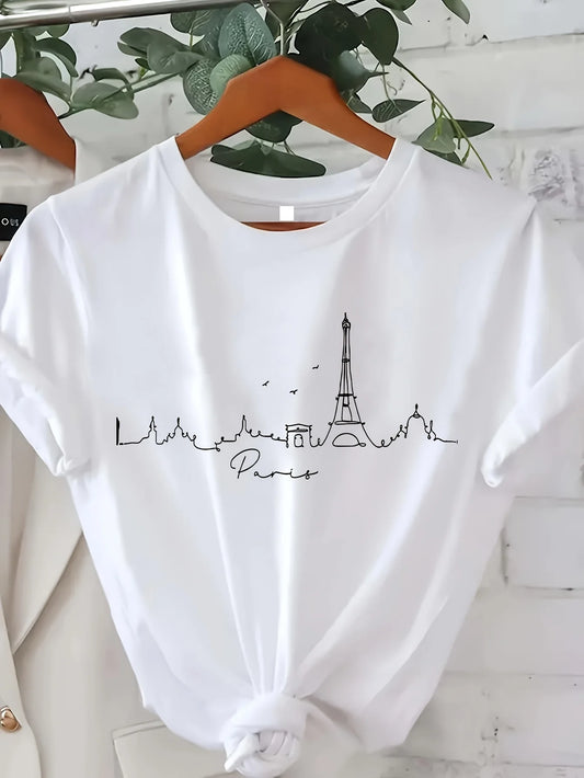 Paris Print T-shirt Short Sleeve Crew Neck Casual Top for Summer & Spring Women's ClothinCasual Female Clothing