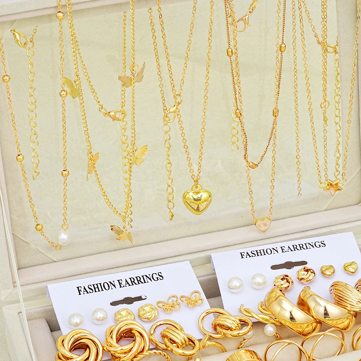 62-Piece Chic Jewelry Set for Women - Includes Earrings, Rings & Necklaces with Heart, Butterfly, Geometric Designs Jewelry Gift