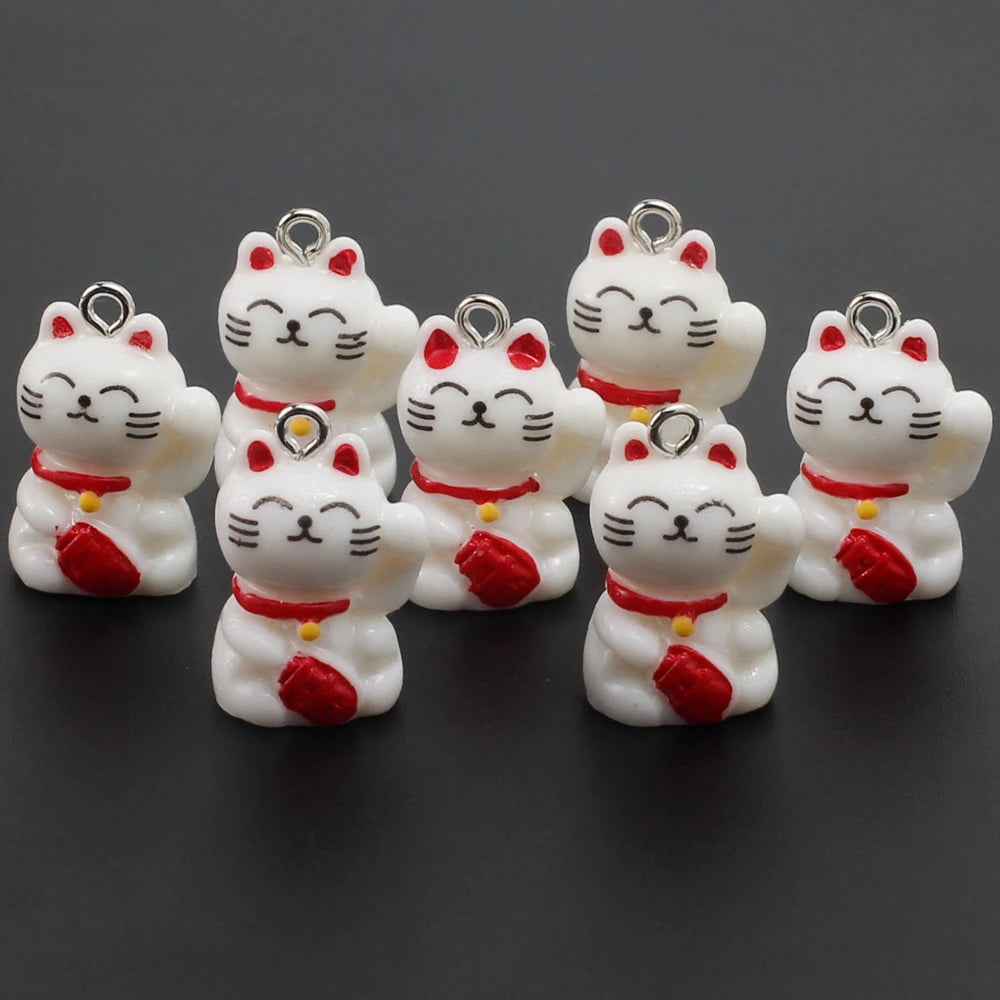 10pcs Cute Lucky Cat Resin Charms Kawaii Cartoon Animal Cats Pendants for Earrings Necklace Keychain Diy Jewelry Making Supplies