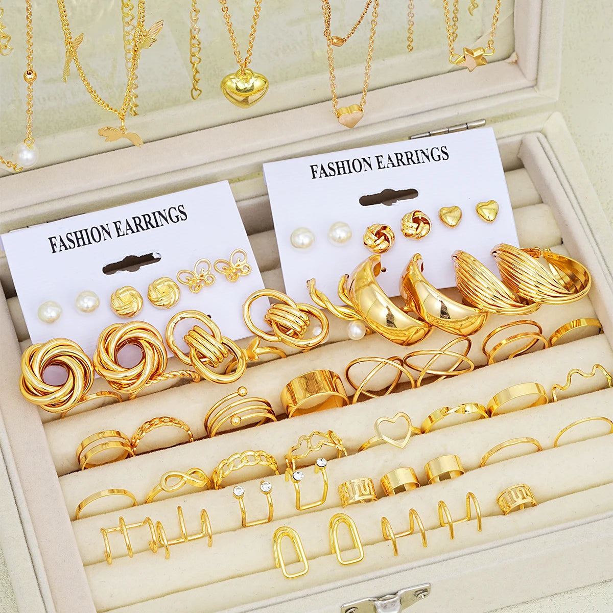 62-Piece Chic Jewelry Set for Women - Includes Earrings, Rings & Necklaces with Heart, Butterfly, Geometric Designs Jewelry Gift