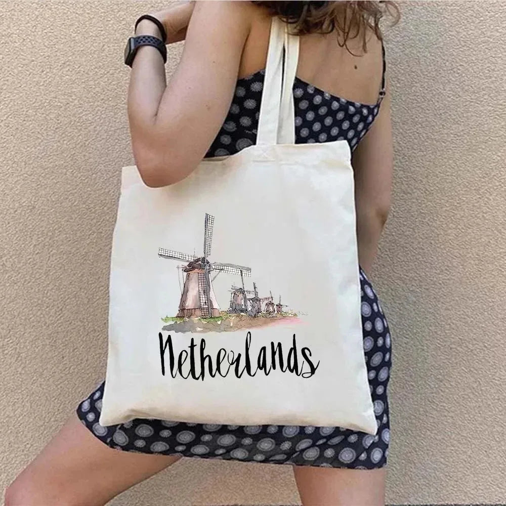 Paris Travel City Print Women Shoulder Bags Harajuku Canvas Shopping Bag Large Capacity Tote Handbag Reusable Eco Girl Handbags