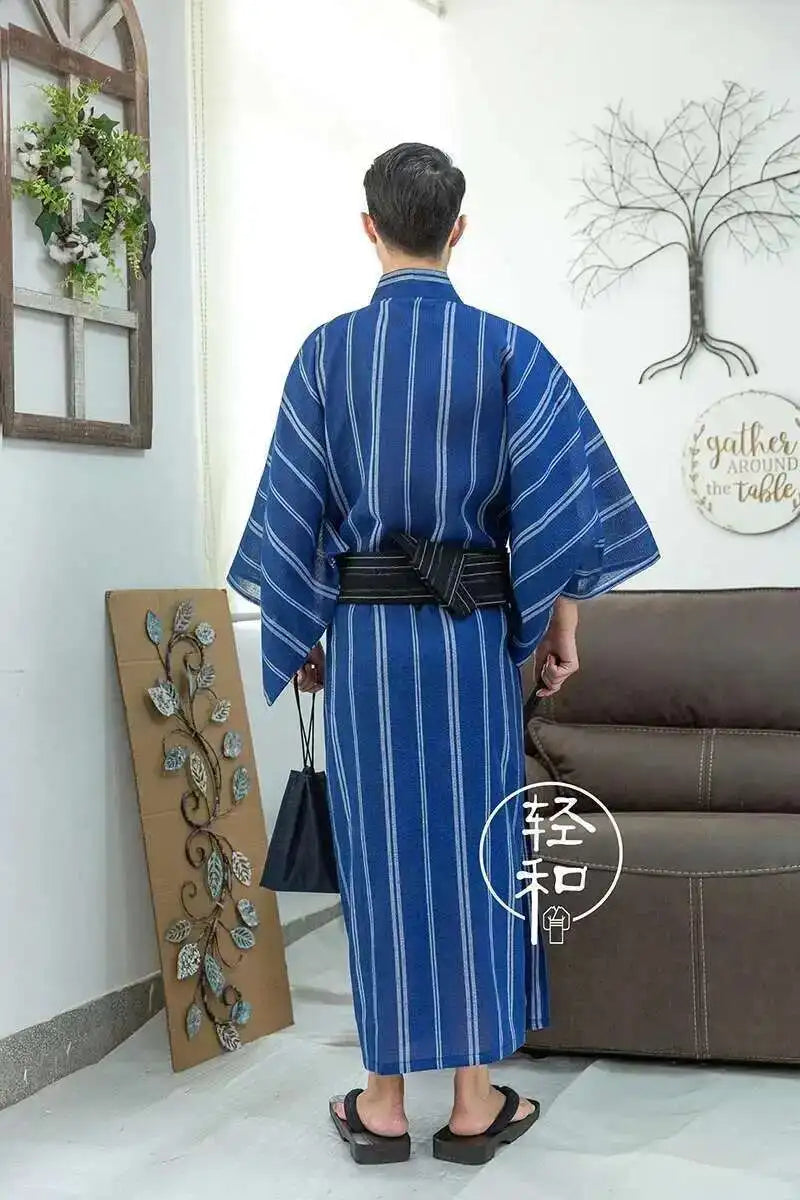 Traditional Japanese KIMONO Fashion YUKATA Summer Men Long Robes With Belt 95% Cotton Pajamas Set Male Sleepwear Bathrobe
