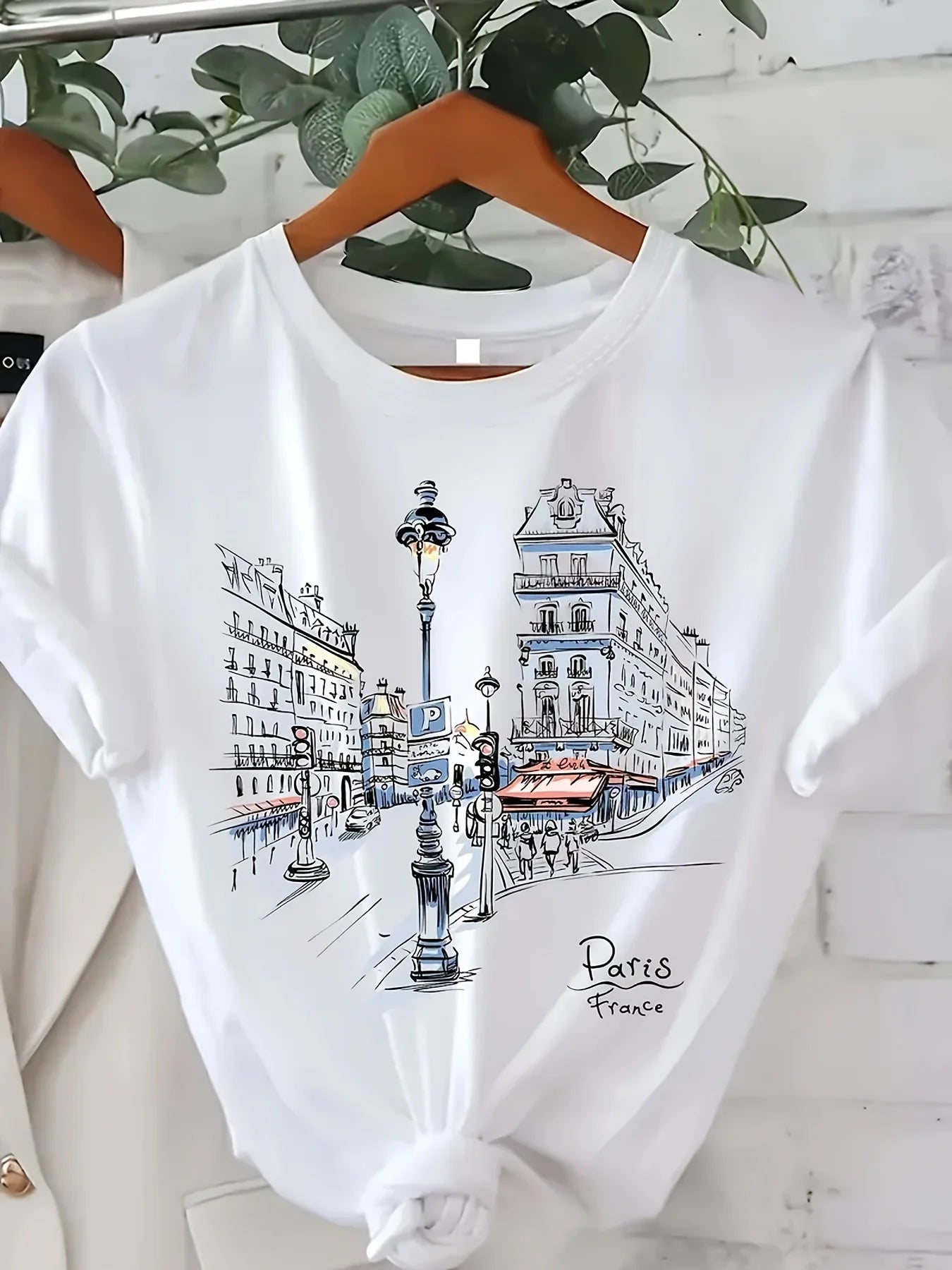 Women'S Paris Street Print T-Shirt Short Sleeve Crew Neck Casual Top with Eiffel Tower Design Spring/Summer/Fall Fashion
