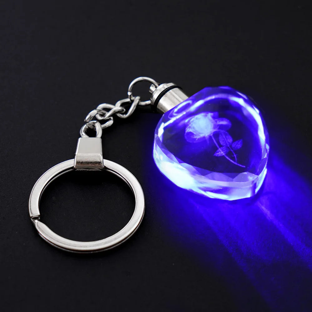 Fashion Colorful Fairy Rose Flower Pattern Love Shape Crystal Rhinestone LED Light keychain Lover Key Chain Keyring Jewelry