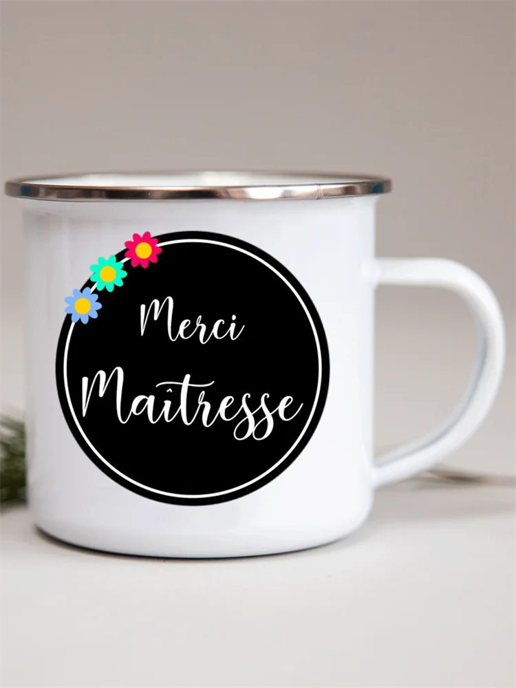 French Flower Printed Enamel Mugs Creative Coffee Mug Milk Wine Beer Drink Juice Cup School Home Handle Drinkware Teacher Gifts