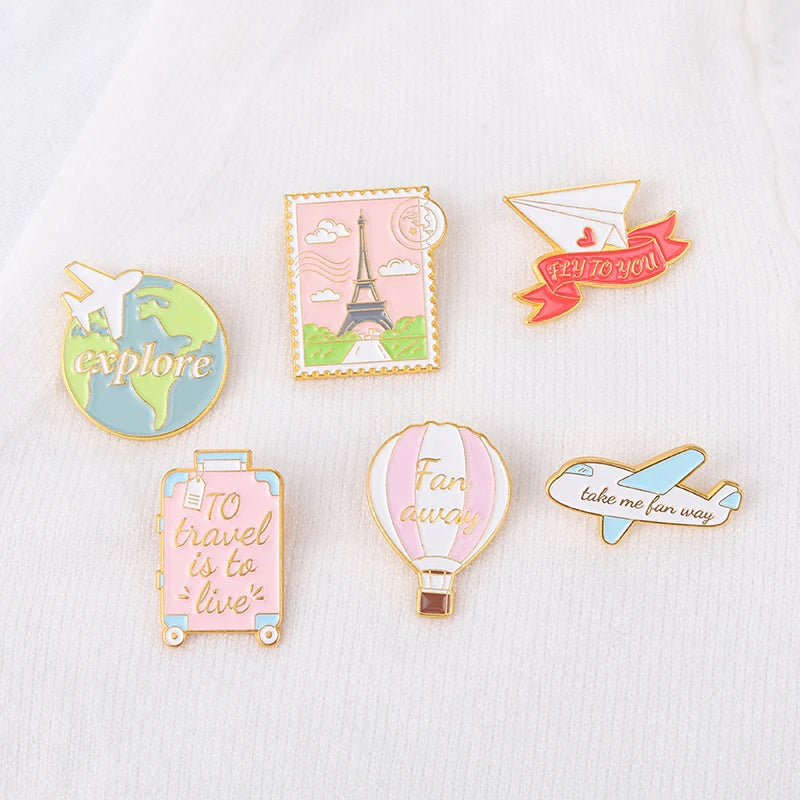 Traveling Quote Enamel Pin World Eiffel Tower Suitcase Brooches Clothes Badge Lapel Jewelry Gifts For Traveling Friend Wholesale
