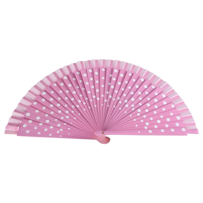 Flamenco Spanish Wood Folding Fan Dots Pattern Modern Classical Vintage Wood Hand Fan for Dance Perfornamnces Party